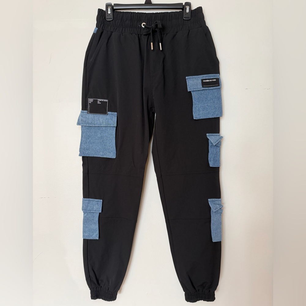 Manière De Voir Cargo Joggers Black Denim Pocket Streetwear Pants Size 14